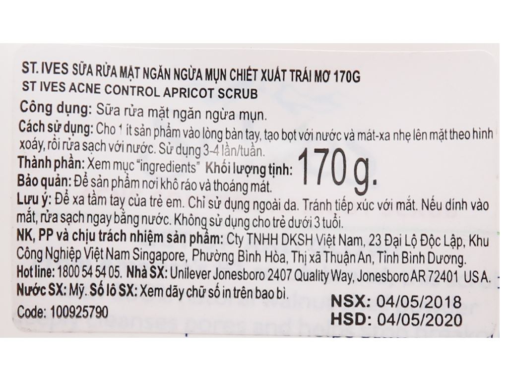 Sữa rửa mặt ngăn ngừa mụn ST.IVES chiết xuất trái mơ 170g 5