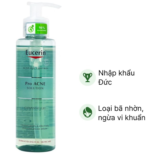 Gel rửa mặt Eucerin ProAcne Solution làm sạch cho da mụn chai 200ml