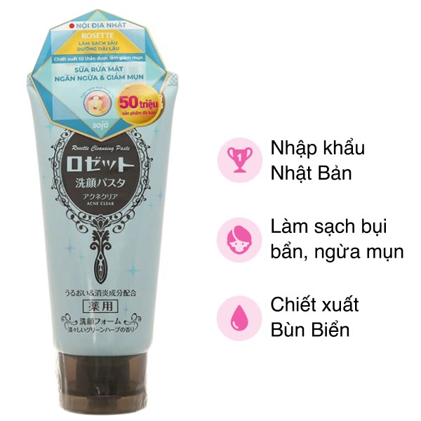 Sữa Rửa Mặt Chiết Xuất Bùn Biển Làm Giảm Mụn Rosette Acne Clear 120G