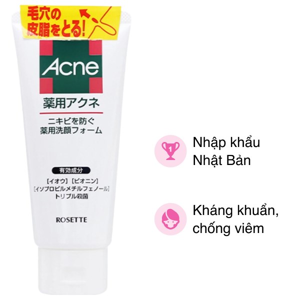 Sữa Rửa Mặt Tạo Bọt Kháng Khuẩn Chống Viêm Dành Cho Da Mụn Rosette Acne Face Wash 130G