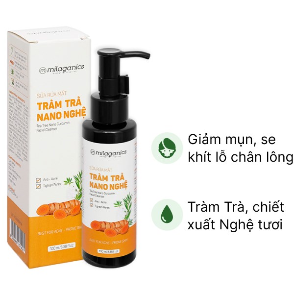 Sữa rửa mặt Milaganics Tràm Trà Nano Nghệ làm sạch da ngừa mụn