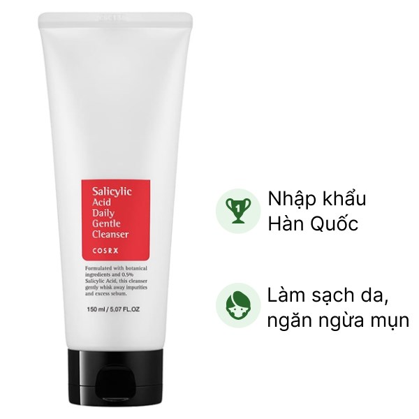 Sữa rửa mặt Cosrx Salicylic Acid Daily Gentle Cleanser ngừa mụn và bã nhờn tuýp 150ml