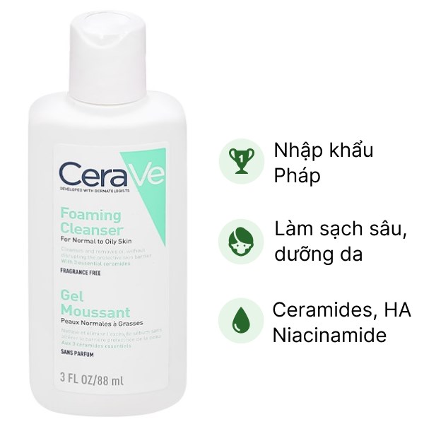 Sữa rửa mặt CeraVe Foaming Cleanser làm sạch sâu cho da dầu, da thường chai 88ml