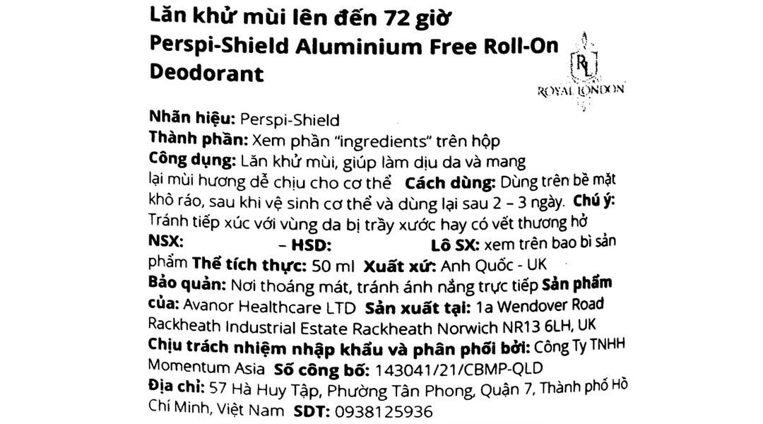 Lăn khử mùi Perspi-Shield Aluminium Free Deodorant 72 giờ
