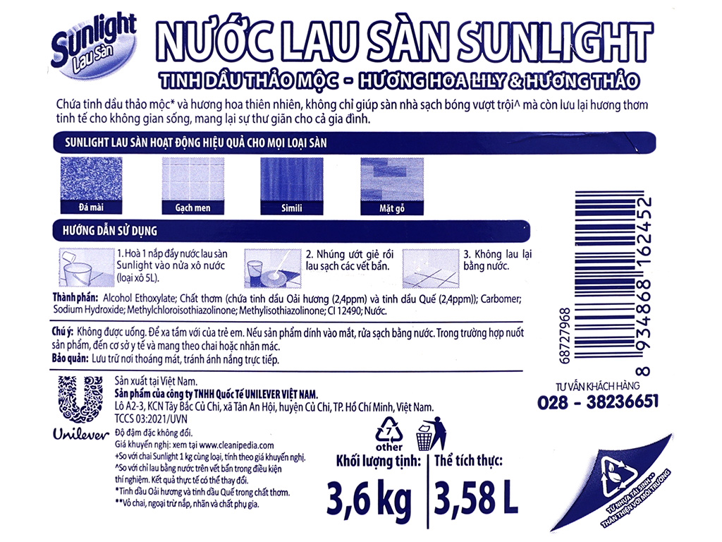 Nước lau sàn Sunlight tinh dầu thảo mộc hương hoa lily và hương thảo can 3.78 lít 5