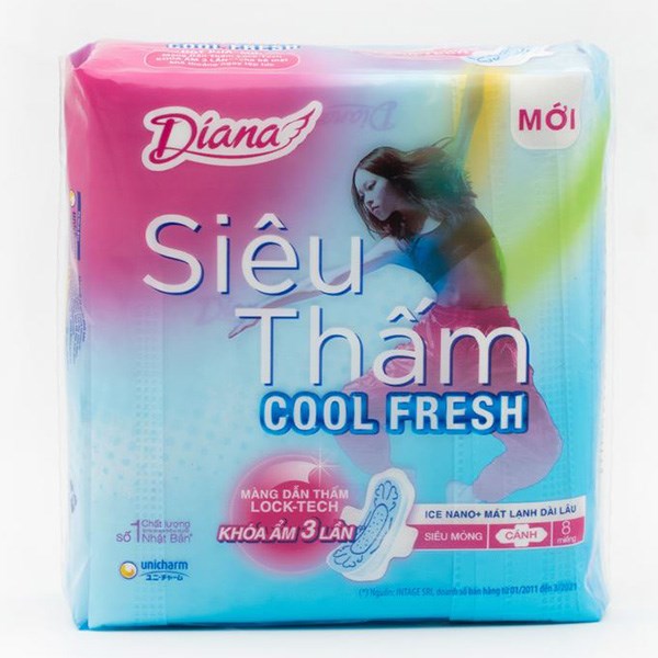 Băng vệ sinh ban ngày Diana Siêu Thấm Cool Fresh chống tràn có cánh 8 miếng, giá tốt - AVAKids.com