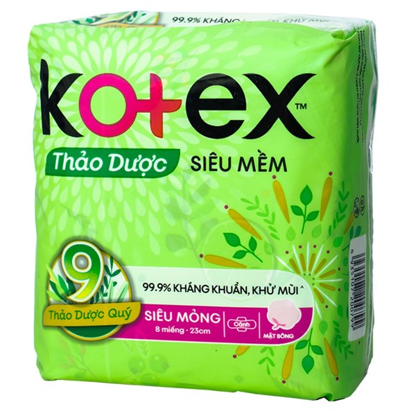 Băng vệ sinh Kotex thảo dược siêu mềm, siêu mỏng cánh gói 8 miếng