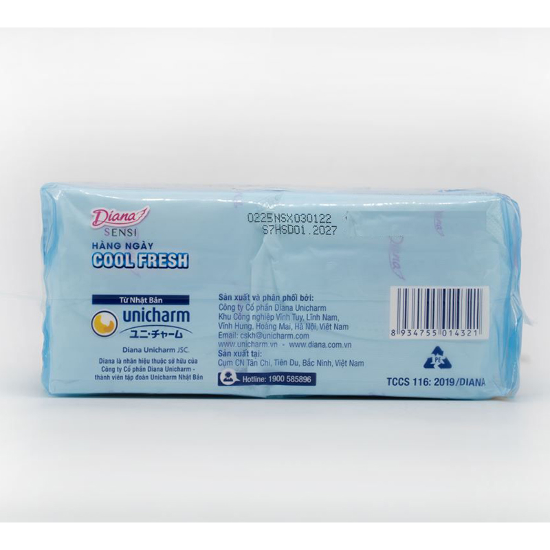 Băng vệ sinh hàng ngày Diana Sensi Cool Fresh mát lạnh không cánh 40 miếng 8