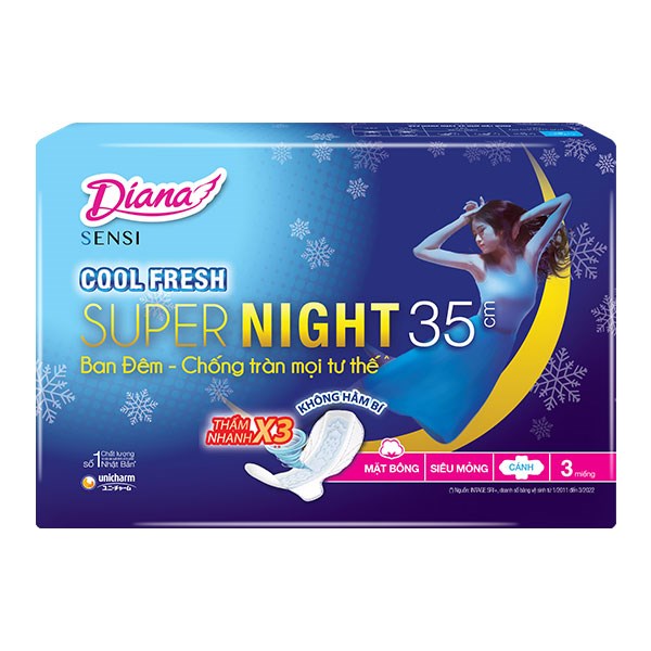 Băng vệ sinh ban đêm Diana Cool Fresh siêu thấm có cánh 35cm gói 3 miếng