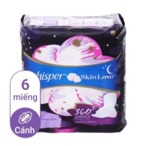 Băng vệ sinh ban đêm Whisper Skin Love chống tràn siêu mỏng 6 miếng