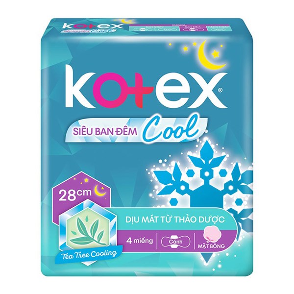 Băng vệ sinh siêu ban đêm Kotex Cool dịu mát từ thảo dược có cánh 4 miếng - AVAKids.com