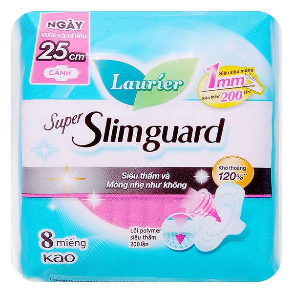 Băng Vệ Sinh Ban Ngày Laurier Super Slimguard Siêu Thấm Mỏng Nhẹ Có Cánh 8 Miếng