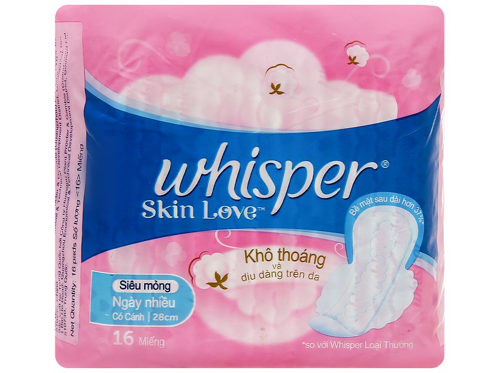 Băng vệ sinh Whisper Skin Love siêu mỏng có cánh cho ngày nhiều 16 miếng 28cm 1