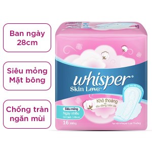 Băng vệ sinh Whisper Skin Love siêu mỏng có cánh cho ngày nhiều 16 miếng 28cm