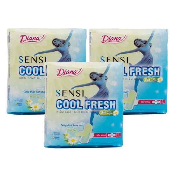 Combo 3 Băng Vệ Sinh Ban Ngày Diana Sensi Cool Fresh Mát Dịu Có Cánh 8 Miếng/Bịch