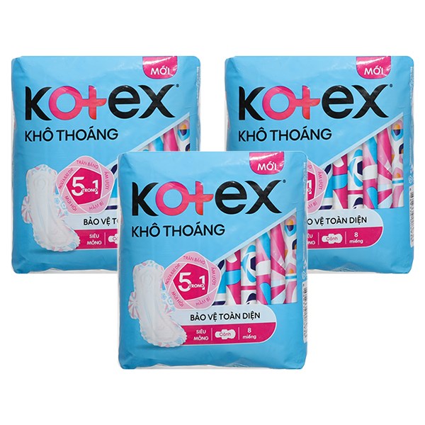 Combo 3 Băng Vệ Sinh Ban Ngày Kotex Khô Thoáng Chống Tràn Có Cánh 8 Miếng/Bịch