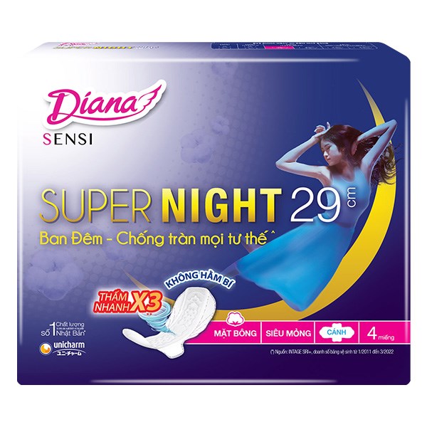 Băng Vệ Sinh Ban Đêm Diana Sensi Super Night Chống Tràn Có Cánh 4 Miếng