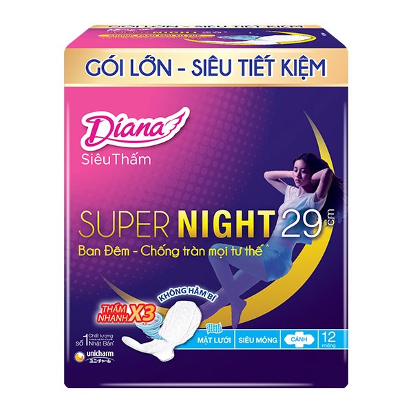 Băng vệ sinh ban đêm Diana Super siêu thấm có cánh 29cm gói 12 miếng