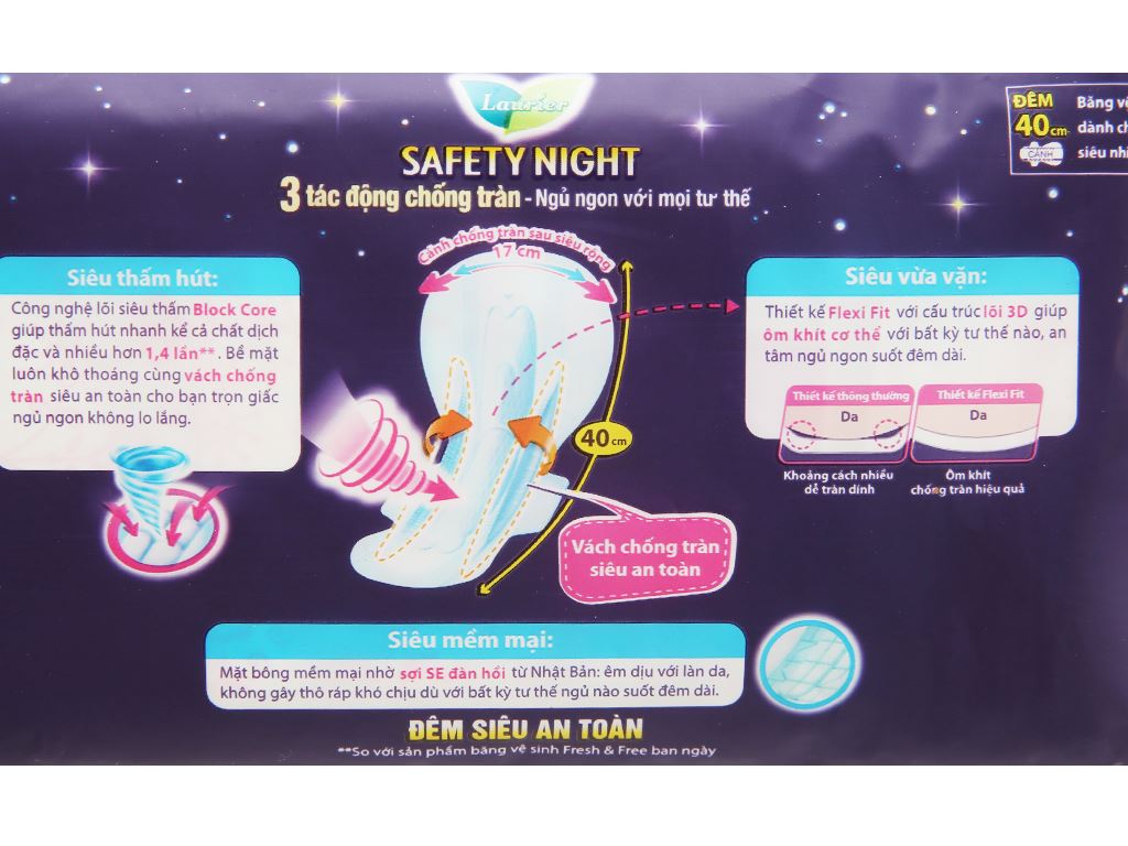 Băng vệ sinh ban đêm Laurier Safety Night siêu an toàn 4 miếng 40cm 15