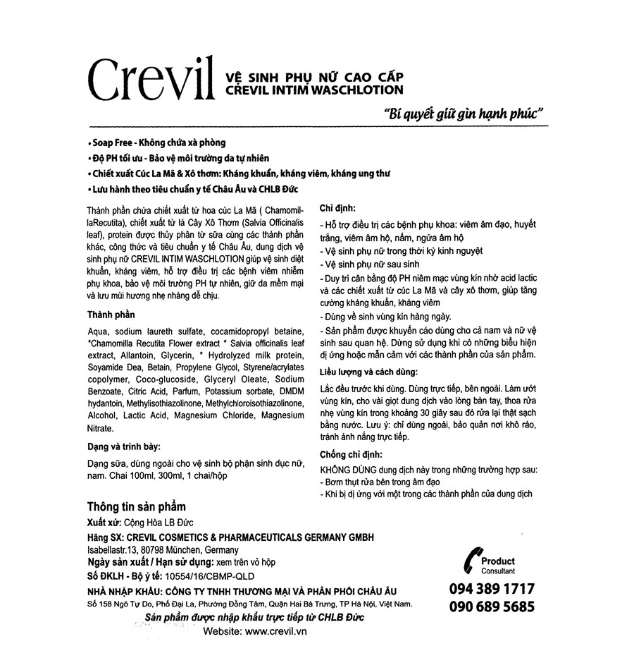 Dung dịch vệ sinh phụ nữ Crevil chống viêm, cân bằng pH chai 100ml - 19