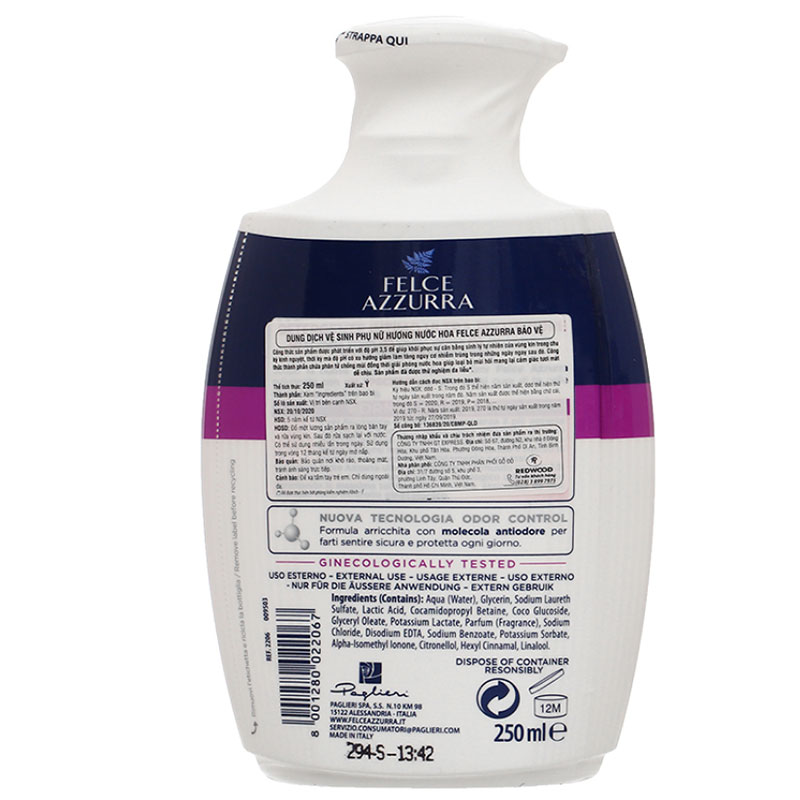 Dung dịch vệ sinh phụ nữ Felce Azzurra pH 4.5 hương nước hoa 250 ml 6