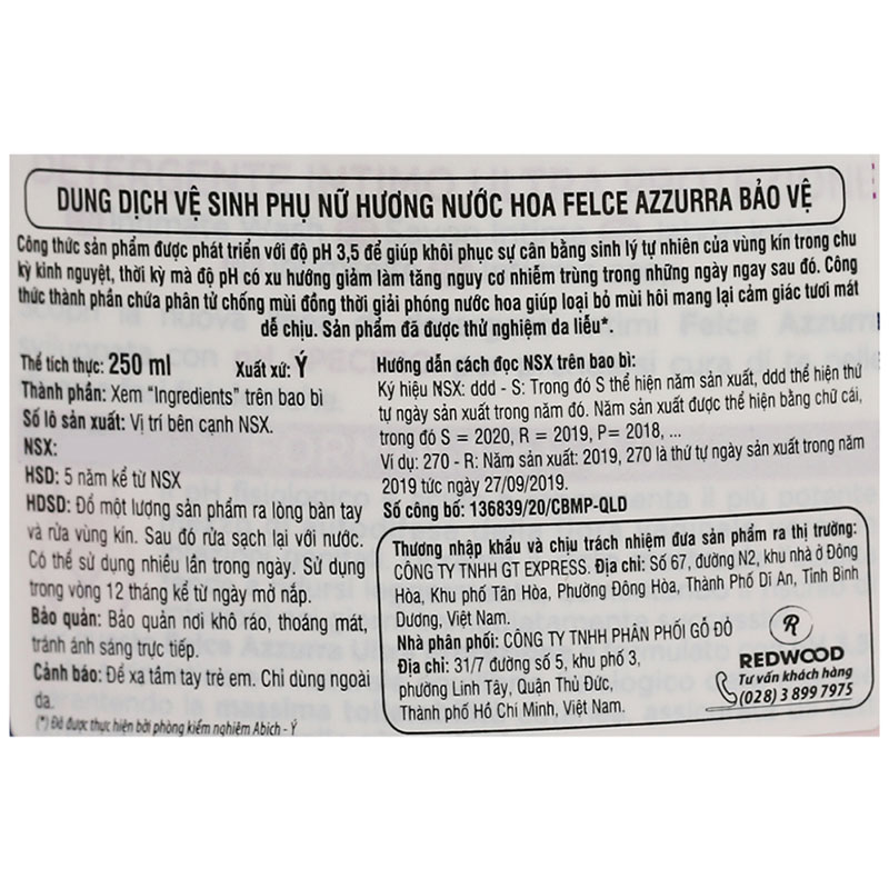 Dung dịch vệ sinh phụ nữ Felce Azzurra pH 4.5 hương nước hoa 250 ml 8
