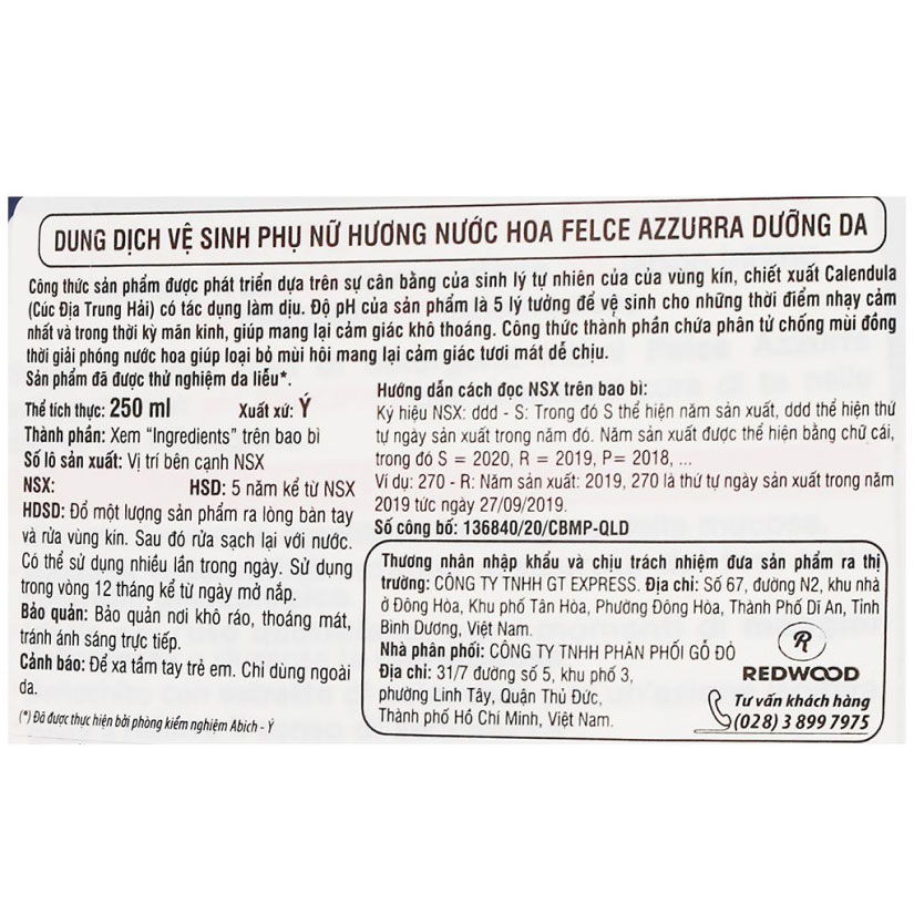 Dung dịch vệ sinh phụ nữ Felce Azzurra pH 4.5 hương nước hoa 250 ml 12