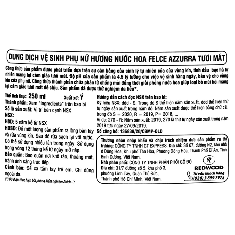 Dung dịch vệ sinh phụ nữ Felce Azzurra pH 4.5 hương nước hoa 250 ml 4