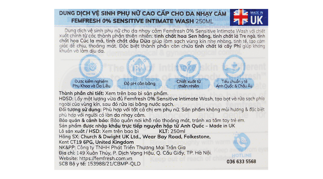 Dung dịch vệ sinh phụ nữ Femfresh 0% Sensitive Wash cho da nhạy cảm