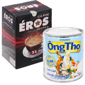 Cà phê hoà tan E'ros 3 in 1 160g và sữa đặc Ông Thọ nhãn xanh lon 380g