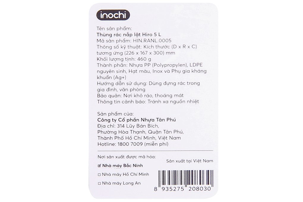 Thùng rác nhựa 5 lít Hiro Inochi HIN.RANL.0005 Màu Ghi