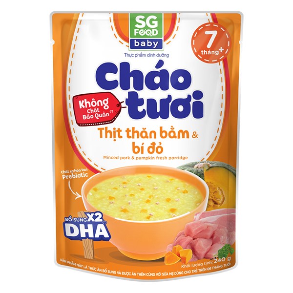 Cháo Tươi Sg Food Baby Vị Thịt Thăn Bằm, Bí Đỏ Gói 240G (Từ 7 Tháng)