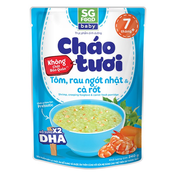 Cháo Tươi Sg Food Baby Vị Tôm, Rau Ngót Nhật Và Cà Rốt Gói 240G (Từ 7 Tháng)