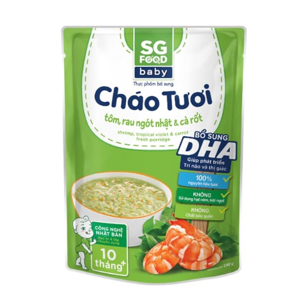 Cháo tươi SG Food Baby vị tôm, rau ngót Nhật và cà rốt gói 240g (từ 10 tháng)