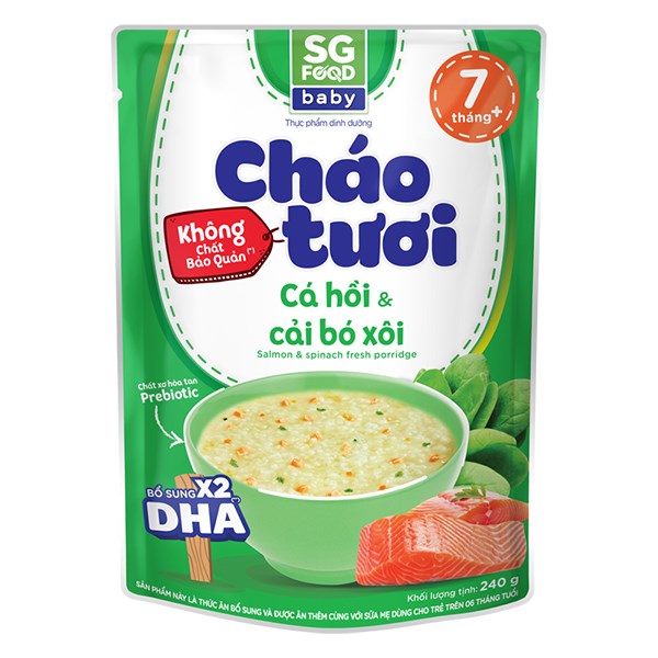 Cháo Tươi Sg Food Baby Vị Cá Hồi, Cải Bó Xôi Gói 240G (Từ 7 Tháng)