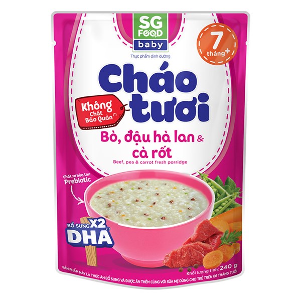 Cháo Tươi Sg Food Baby Vị Bò, Đậu Hà Lan Và Cà Rốt Gói 240G (Từ 7 Tháng)