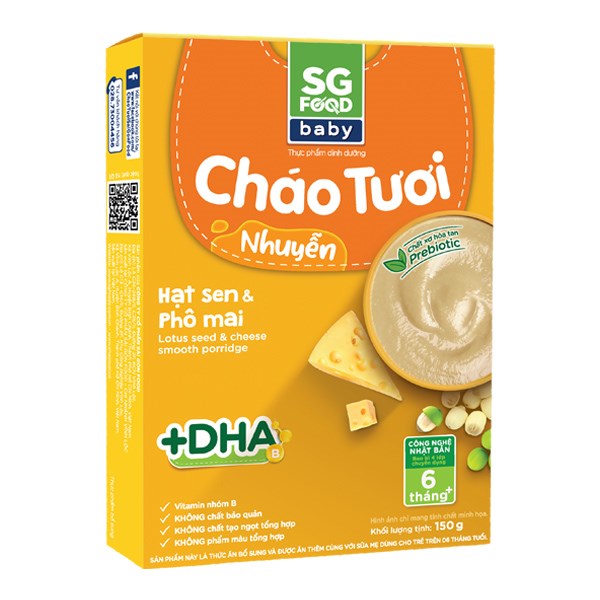 Cháo tươi nhuyễn SG Food Baby vị hạt sen, phô mai gói 150g (từ 6 tháng)