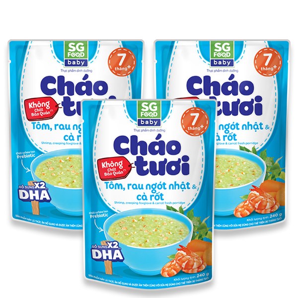 Combo 3 Gói Cháo Tươi Sg Food Baby Vị Tôm, Rau Ngót Nhật Và Cà Rốt 240G (Từ 7 Tháng)