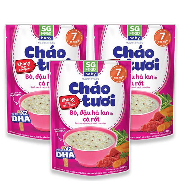 Combo 3 Gói Cháo Tươi Sg Food Baby Vị Bò, Đậu Hà Lan Và Cà Rốt 240G (Từ 7 Tháng)