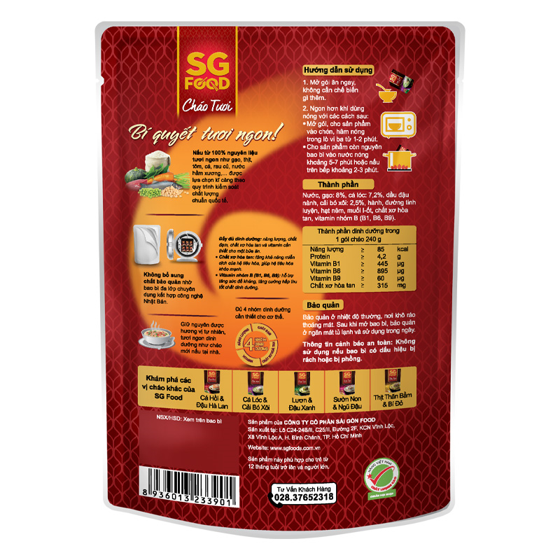 Cháo tươi SG Food vị cá lóc, cải bó xôi gói 240g (từ 1 tuổi)