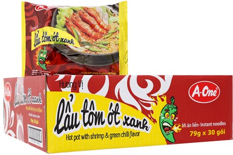Thùng mì Aone Lẩu tôm ớt xanh gói 79g (30 gói)