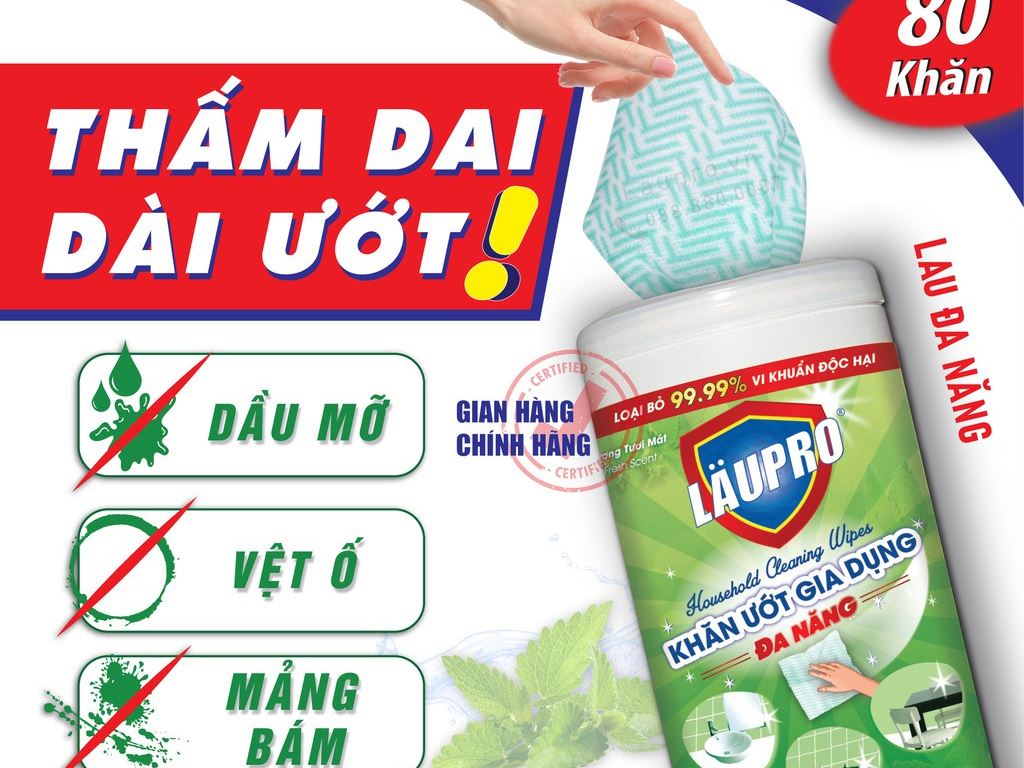 Khăn ướt gia dụng LAUPRO lau bề mặt vật dụng hộp 80 tờ 2