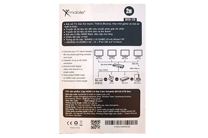 Cáp HDMI 2.0 Dẹt 2m Xmobile DS135-2TB Đen Màu Đen