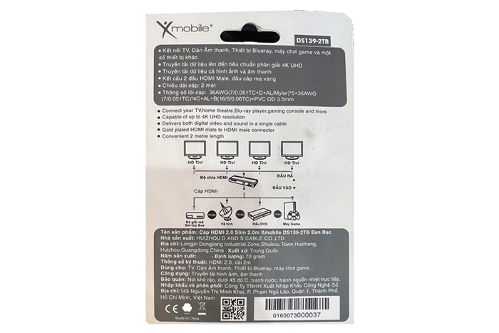 Cáp HDMI 2.0 Slim 2m Xmobile DS139-2TB Đen Bạc Màu Đen - Bạc