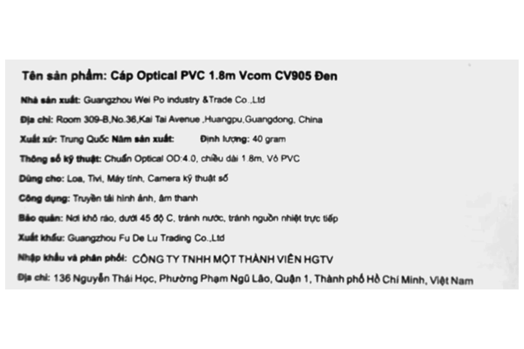 Cáp Optical PVC 1.8m Vcom CV905