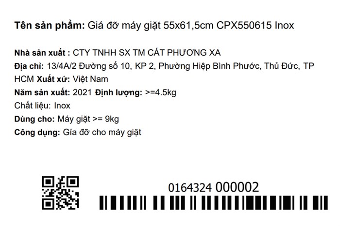Chân đế máy giặt 100 kg 55x61,5cm CPX550615 Inox 304