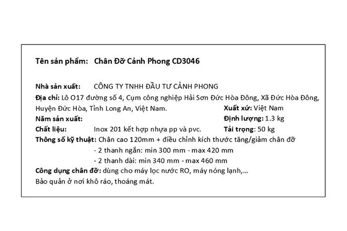 Chân đế máy lọc nước 50 kg 30x46 cm Cảnh Phong CD3046 Màu Đen