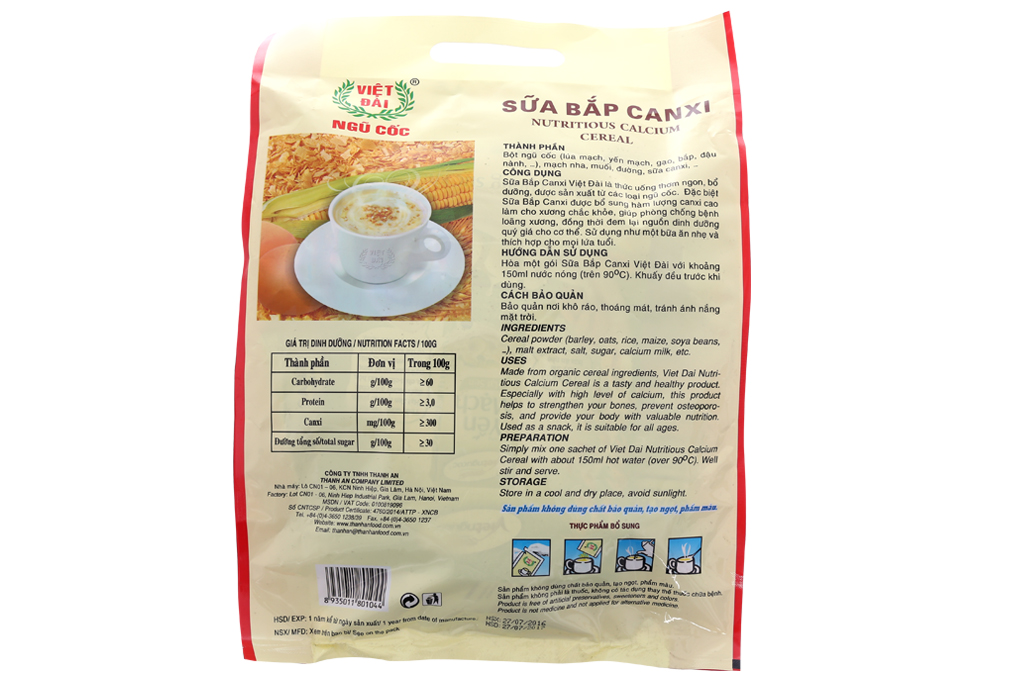 Ngũ cốc DD Việt Đài Sữa bắp Canxi gói 30g (bịch 20 gói)