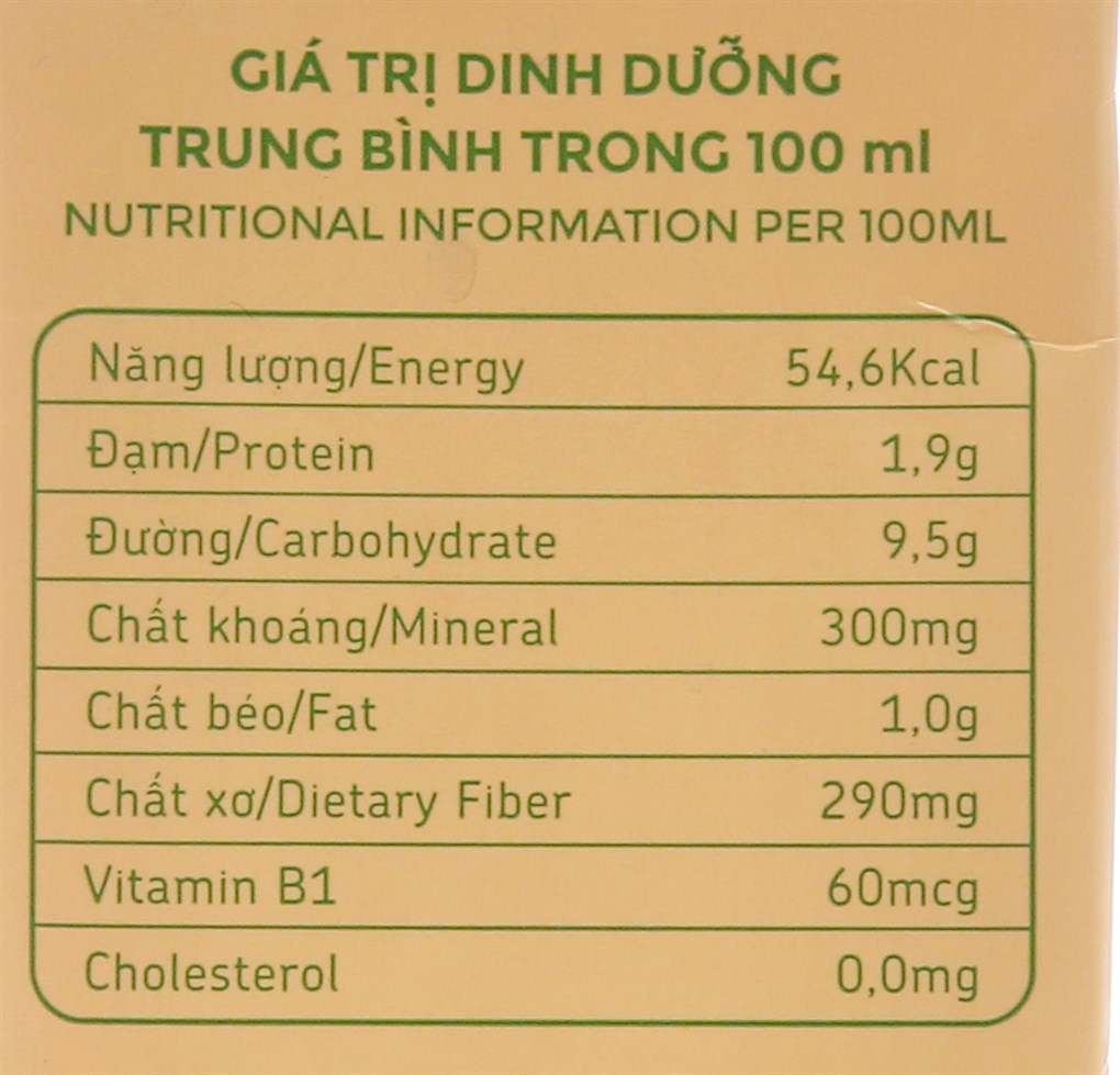 Bảng giá trị dinh dưỡng sữa đậu nành Fami nguyên chất có đường hộp 1 lít