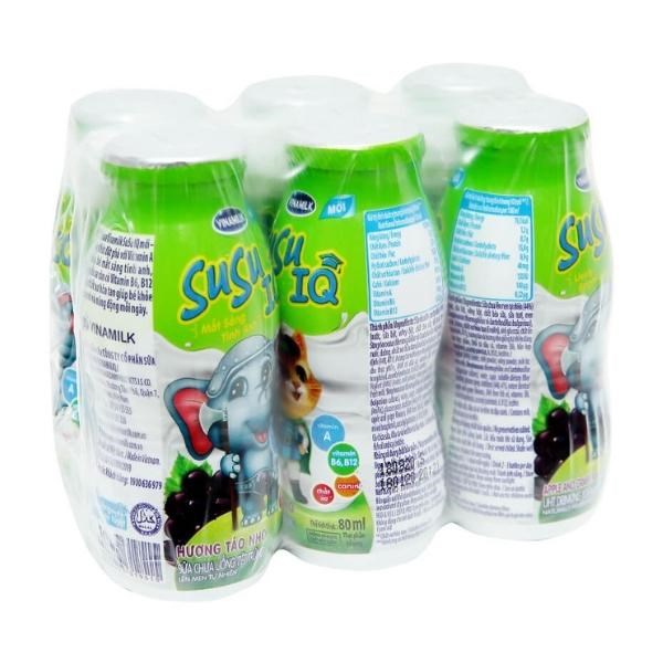 Lốc 6 chai sữa chua uống tiệt trùng Vinamilk SuSu IQ vị táo nho 80 ml (từ 1 tuổi) - AVAKids.com